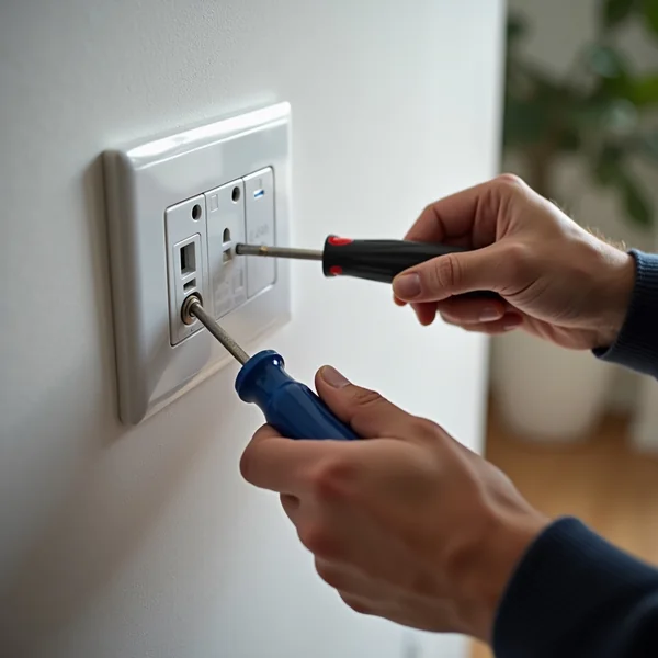 Electrician repairing a wall socket