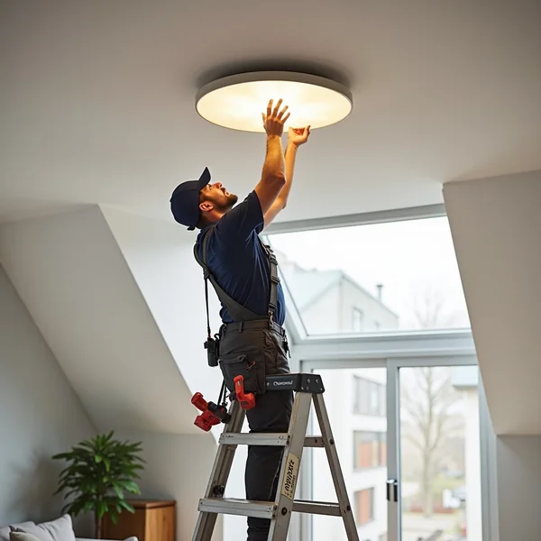 Electrician installing a ceiling light fitting